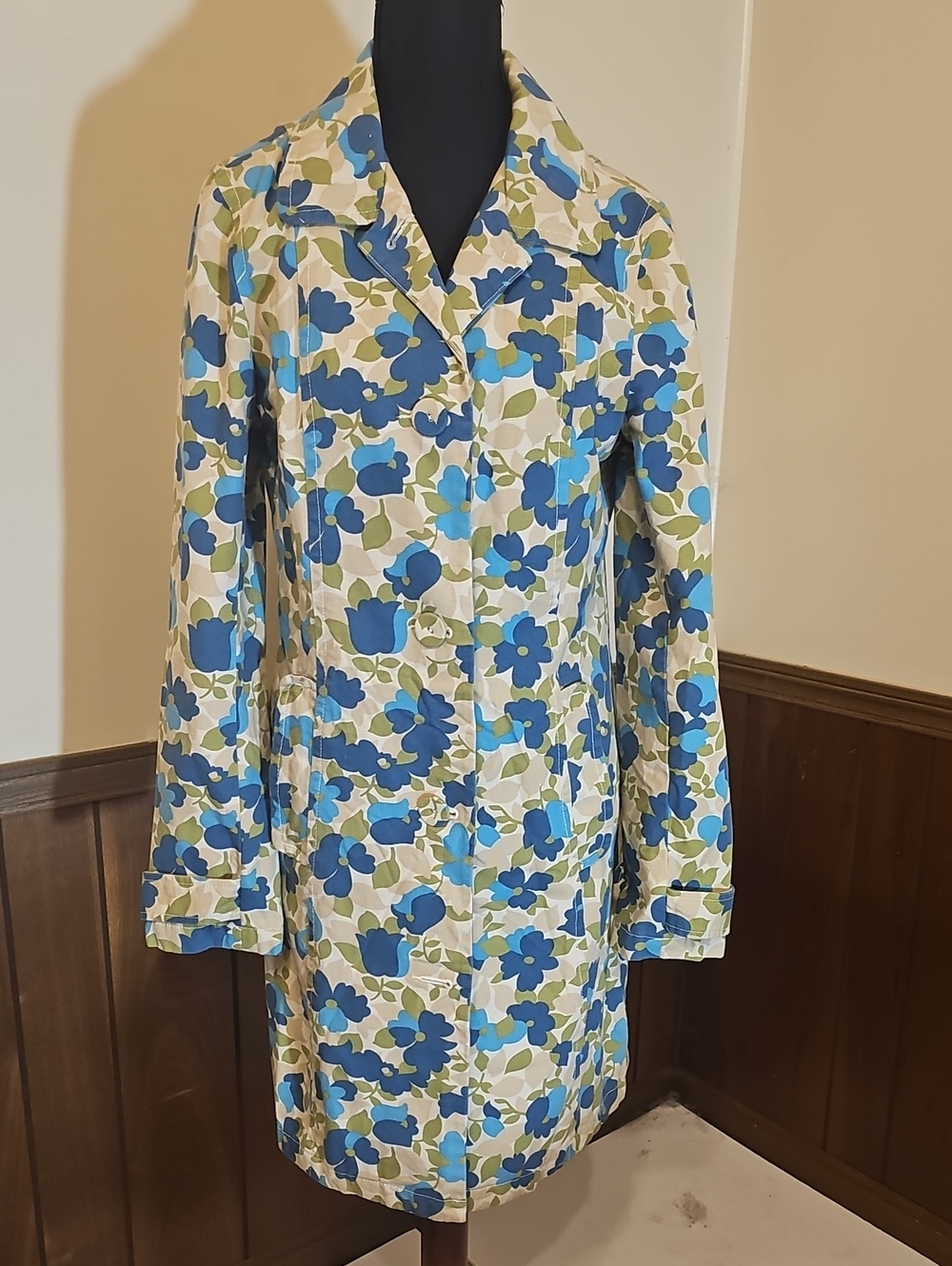 Vintage Old Navy Floral Trench Coat Raincoat Blue Green Size M